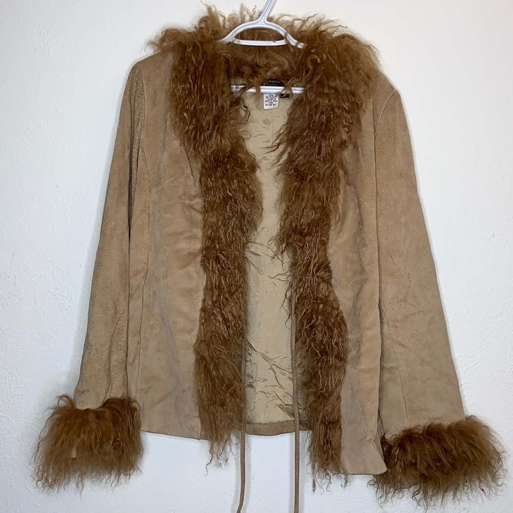 Vintage Fur Trim Tan Genuine Leather Suede Coat